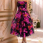 Women's Floral Print Cami Midi Dress Sexy Ruched Mesh A Line Sundress Elegant Spaghetti Strap Party Dress