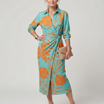 Leya | Long Sleeve Collared Wrap Stripe Pattern Midi Dress