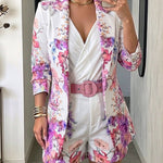 Women's Floral Blazer & Shorts Set Elegant Single-Breasted Coat and High-Waisted Shorts with Belt