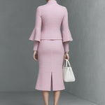 Elegant Neckline Bow Tie Trumpet Sleeve Jacket Skirt Tweed Set