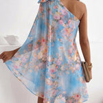 CHICME Women's Floral Print One-Shoulder Chiffon Dress 3D Floral Decor Split Sleeve Loose A-Line Mini Dress