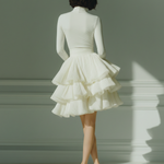 Women's White Stretch Knit Fabric Turtleneck Long-Sleeve Top & Chiffon Tiered Pleated Mini Skirt Set