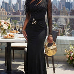 Women's One Shoulder Rhinestone Mesh Sleeve Maxi Dress Ruched Hollow-out Mermaid Evening Gown