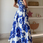 Strapless Ruched Bodice Full Skirt Floral Print Maxi Dress