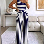Women's Striped One Shoulder Jumpsuit Casual High Waisted Wide Leg Overalls
