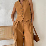 Solid Color Two-piece Slim Fit Sleeveless Vest Casual Wide Leg Pants Set