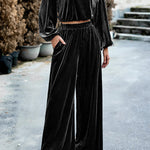Velvet Long Sleeved Top and Wide Leg Pants Two Piece Set
