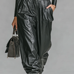 Women's Fashion PU Leather Slim Fit Zipper Stand Collar Shirt Pants Set
