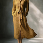 Women's Mustard Elegant Linen Blended Button - Front Belted Midi Shirt Dress