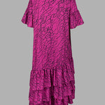 Flared Sleeves Half Sleeves Asymmetric Layered Pleated Printed Ruffle Trim Round-Neck Maxi Dresses