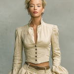 Women's Retro Linen-like Fabric Stand-up Collar Single-breasted Shirt Trousers Two-piece Set