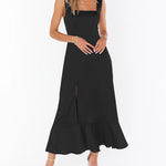 Tie-straps Ruffled Square Collar Sleeveless Slit Mid-length Dress