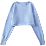 Round Neck Solid Color Loose Casual Long Sleeve Super Short Knitted Sweater