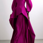 Long Sleeves Loose Pleated Solid Color Split-Joint Tiered Round-Neck Maxi Dresses