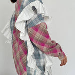 Sky Blue Plaid Print Patchwork Ruffle Shirt