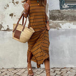 Striped Printed Sundress Round Neck Sleeveless High Waist Slim Low Neck Long Dress