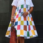 Loose Short Sleeves Printed Rainbow Plaid V-Neck Midi Dresses