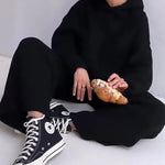 Nadorine Casual Street Loose Two-piece Sweatsuit Hooded Knitted Loose Top + Wide-leg Pants