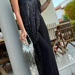 Party Favors Sequin One Shoulder Ruffle Detail Wide Leg Evening Jumpsuit