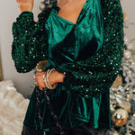 Sequin Patchwork Sleeve Button Up Velvet Top