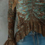Boho Sage And Bronze Floral Ruched Ruffle Hem Blouse