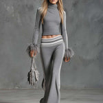 Retro Fashion Sporty Gray Knitted Feather Cuffs High-neck Top And Slim-fit Flared Pants Suit