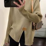Long Sleeves Loose Split-Front Mock Neck Pullovers Sweater Tops