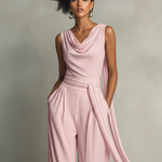 Women's Blush Pink Ribbed Knit Jumpsuit With Cowl Neck & Self-Tie Waist, Timeless Romantic-Luxe Style Jumpsuit