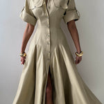 Short Sleeves Buttoned Solid Color Lapel Maxi Dresses Shirt Dress