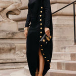 Long Sleeves Loose Asymmetric Buttoned Split-Joint Split-Side Mock Neck Maxi Dresses
