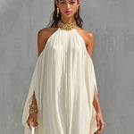 Women's Ivory Chiffon Dress With Halter Neck & Cold-Shoulder Detail, Timeless Luxe-Boho Style Dress