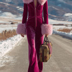 Fashion Retro Rose Red Velvet Faux Fur Collar Long Sleeve Flared Jumpsuit