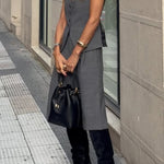 Office Social Button Back Tie-up Vest and Pocketed Wide Leg Midi Pants Set