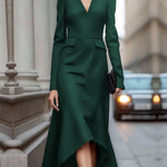 A-Line High-Low Pockets Solid Color V-Neck Maxi Dresses
