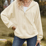 V-Neck Zipper Closure Solid Color Long Loose Hoodie Jacket