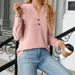 Solid Color V-Neck Buttoned Jacquard Loose-Fitting Long-Sleeved T-Shirt Top