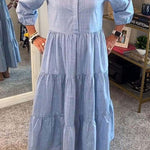 Solid Color Lapel Elastic Cuffs Loose Maxi Dress