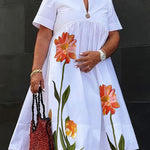 A-Line High Waisted Flower Print Pleated V-Neck Midi Dresses