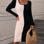 Long Sleeve Side Slit Color Block Patchwork Sweater Dress