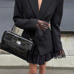 Solid Color Lace Panel Long Sleeve Button Elegant Blazer
