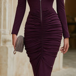 Zip-Front Ruched Midi Dress With Sculpted Silhouette