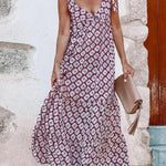 Purple Geometric Print Knotted Straps V Neck Vacation Dress