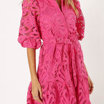 Solid Color Lace Cutout Balloon Sleeves and Waist Tie Mini Dress