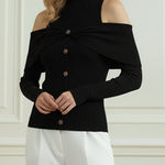 Long Sleeves Skinny Buttoned Pleated Ribbed Knit Cold Shoulder Knit Top