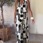 Geometric Color Block Dress Regular Fit Sleeveless Tank Dress Split Neck Print Long Dress