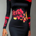 Bodycon Long Sleeves Flower Print High Neck Midi Dresses