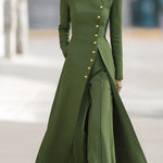 High Waisted Long Sleeves Buttoned Solid Color Split-Front Round-Neck Midi Dresses