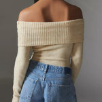 Nadorine Chic Off Shoulder Sweater Solid Basic Sexy Slim Fit Crop Top