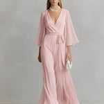 Women's Pink Silky Dress With Wrap Silhouette & Self-Tie Waist, Modern Effortless-Elegant Style Dress