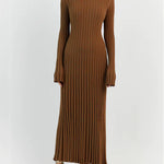 Long Sleeve Dress Crew-Neck Knit Maxi Dress Ribbed Elegant Long High Waist Pleated Dresses